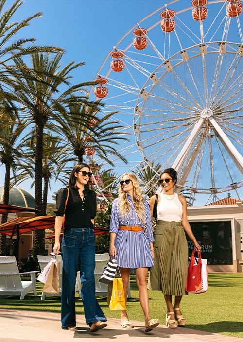 Three young women carrying shopping bags near the Giant Wheel