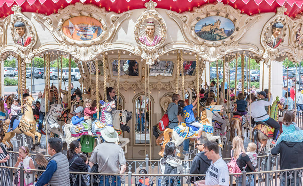 Carousel at Irvine Spectrum Center that features antique-designed animals.